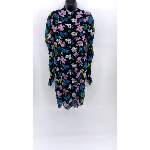 COLLUSION Women's Black Daisy Floral Print Sheer Ruched Bodycon Mini Dress SZ 12 - Picture 1 of 10